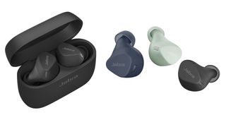 A composite image of Jabra Elite 4 Active earbuds in their charging case and three loose earbuds