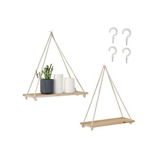 Two wooden triangular floating shelves