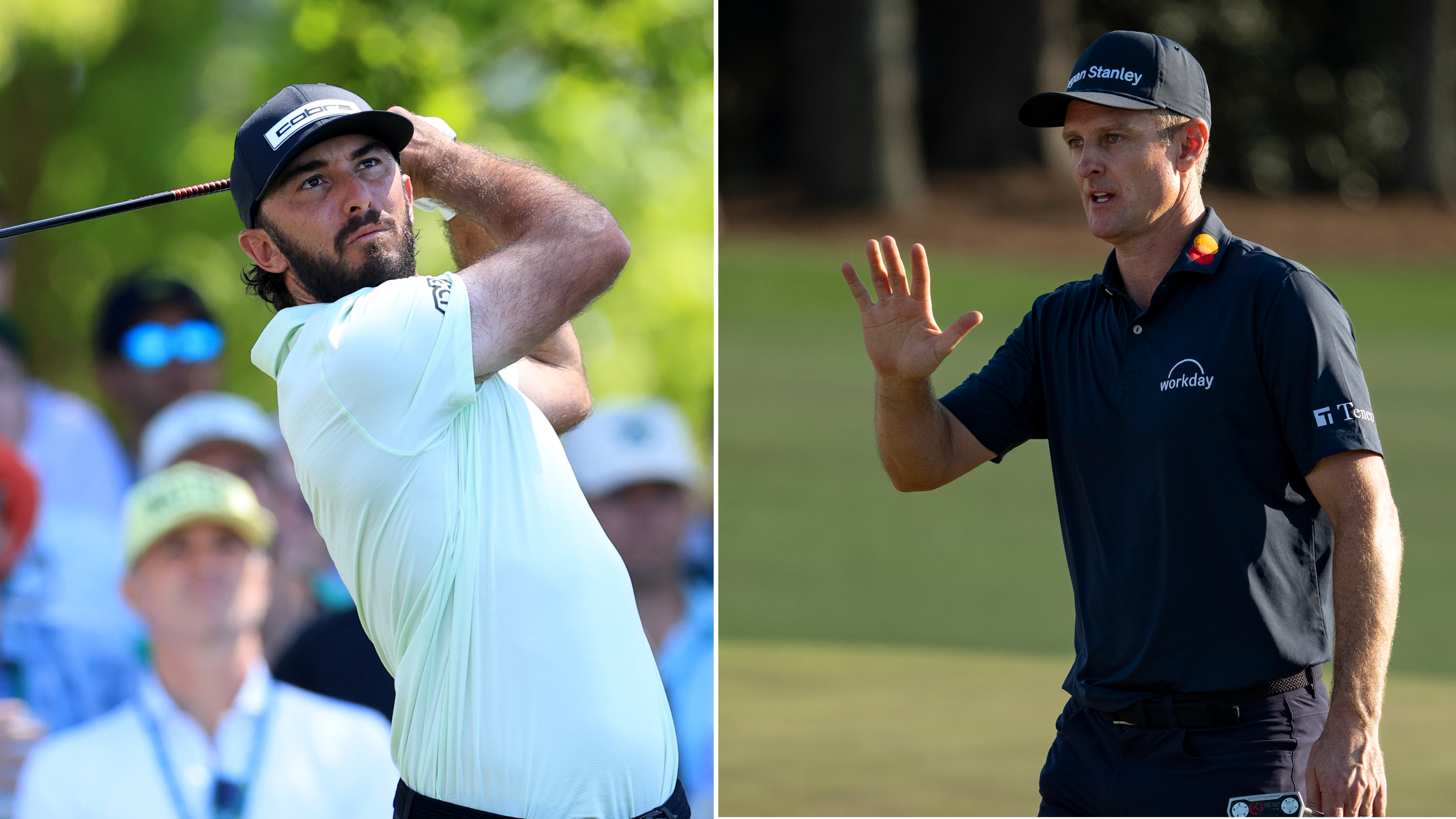 Max Homa holds his finish on an iron shot and Justin Rose salutes the crowd