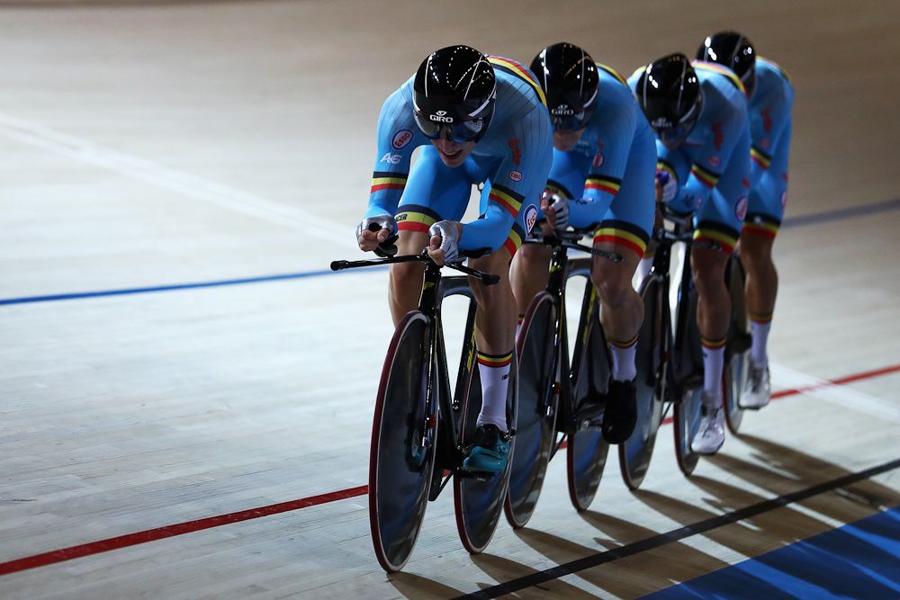 Kenny De Ketele, Moreno De Pauw, Robbe Ghys and Gerben Thijssen of Belgium compete in the Men's Team Pursuit Final