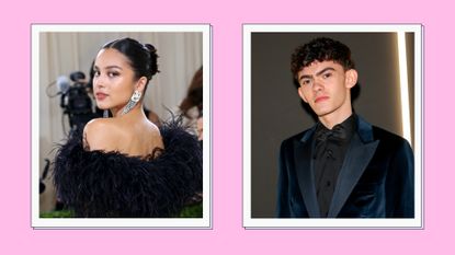 Olivia Rodrigo and Joe Locke pictured in a pink template - Olivia wears a fluffy black jumpsuit, while Joe is seen wearing a blue, velvet suit