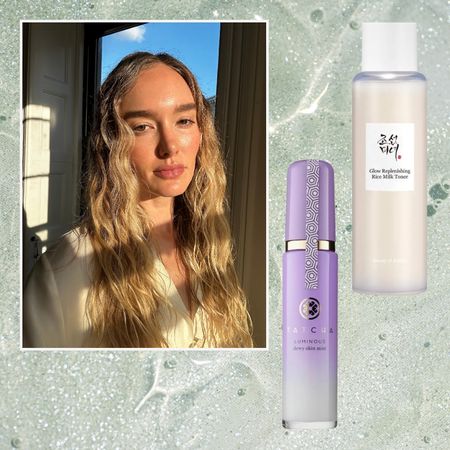 a blonde woman in a white shirt with glowing skin on a pale green background with a purple bottle and an off white bottle of hydrating toner to her right