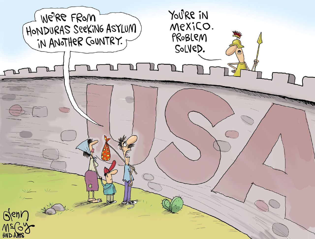 Political cartoon U.S. Mexico Honduras immigration wall asylum