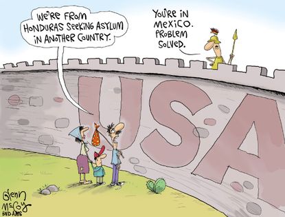 Political cartoon U.S. Mexico Honduras immigration wall asylum