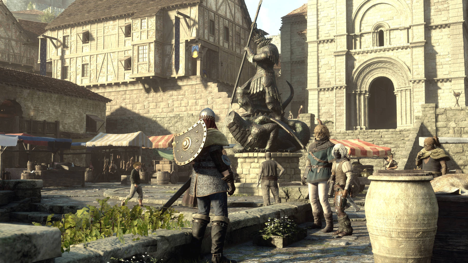 Capture d'écran de Dragon's Dogma 2, montrant une vue du centre de la ville principale du jeu, Vernworth