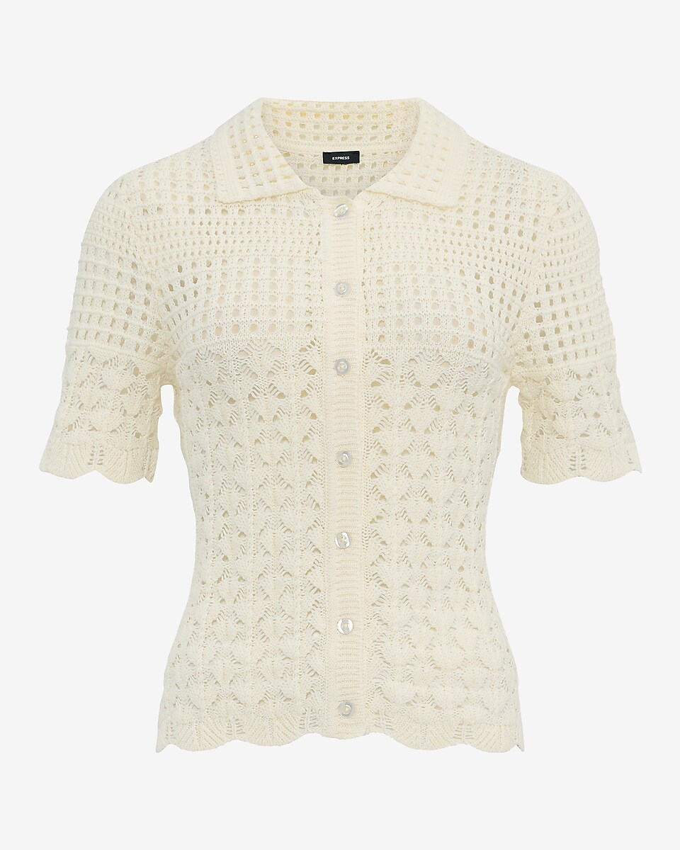 Open Stitch Crochet Short Sleeve Sweater Polo