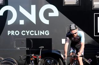 George Atkins warms up for the Tour Series event in Barrow. Just liked this 'graphic style' image with the One Pro Cycling branding giving the effect there is the deep shadow across the picture, which works with the rider position and the rich evening light.