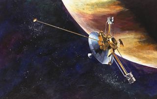An artist's depiction of Pioneer 10 approaching Jupiter.