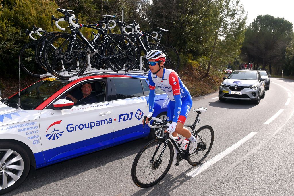 GOURDON FRANCE FEBRUARY 19 Rudy Molard of France and Team Groupama FDJ during the 53rd Tour Des Alpes Maritimes Et Du Var Stage 1 a 1868km stage from Biot to Gourdon 698m Car Staff letour0683 on February 19 2021 in Gourdon France Photo by Luc ClaessenGetty Images