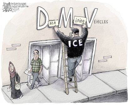 Political Cartoon U.S. DMV Data Mining Surveillance