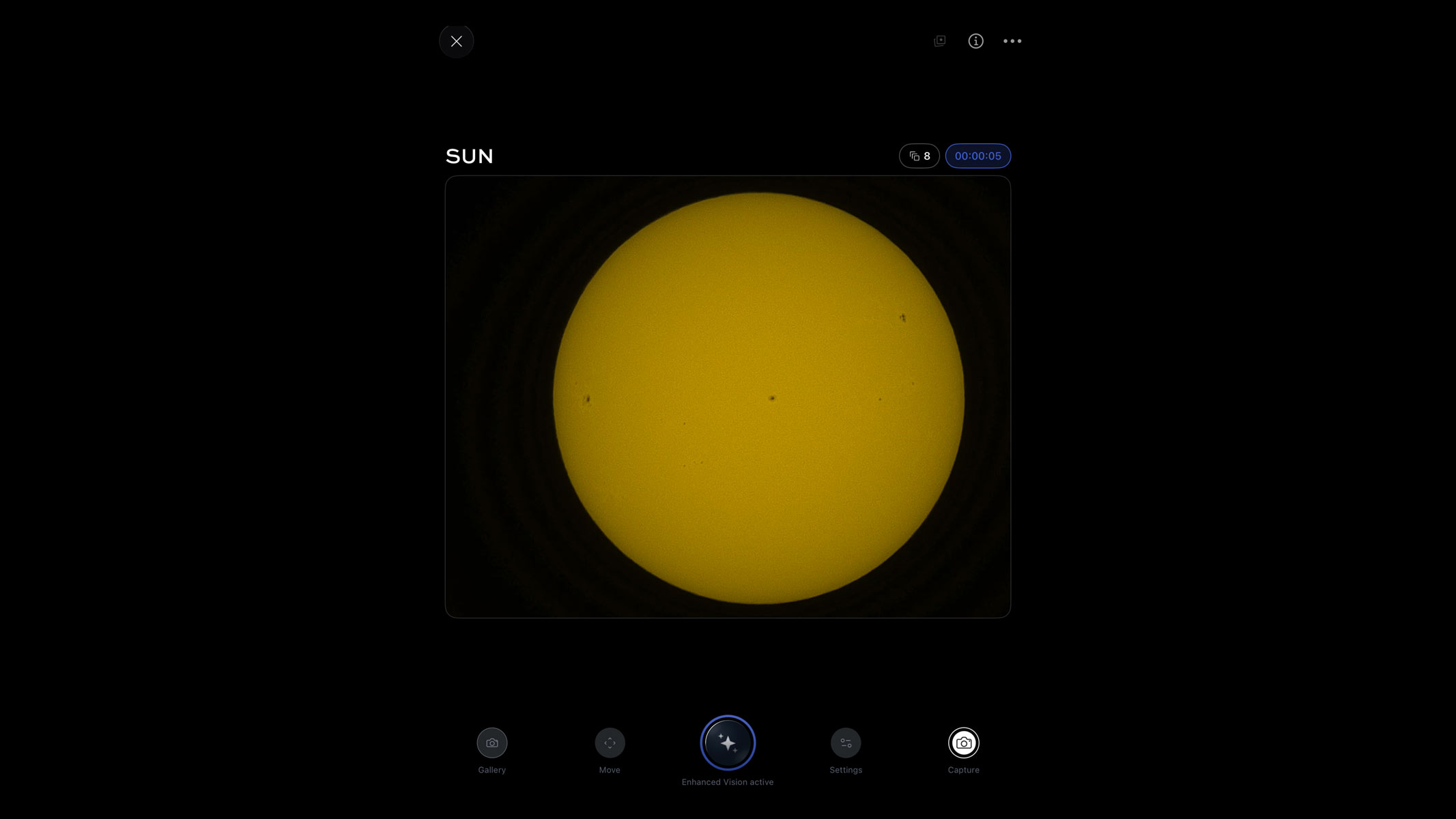 Screenshot of the Unistellar app showing the solar disk.