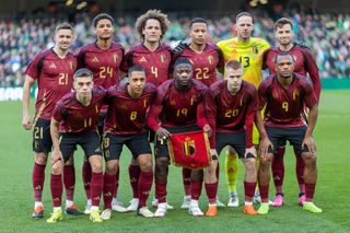 Belgium Euro 2024 squad The Belgium team pose for a team photograph before kick-off, back row, left to right, Timothy Castagne #21, Koni De Winter #24, Wout Faes #4, Aster Vranckx #22, Matz Sels #13, Olivier Deman #16, front row, left to right, Leandro Trossard #11, Youri Tielemans #8, Johan Bakayoko #19, Arthur Vermeeren #20, Loïs Openda #9 during the Republic of Ireland V Belgium, International friendly match at Aviva Stadium on March 23rd, 2024 in Dublin, Ireland. (Photo by Tim Clayton/Corbis via Getty Images)