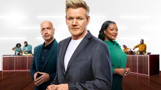 Gordon Ramsay (centre) flanked by judges Joe Bastianich (left) and Tiffany Derry (right) in a promotional image for MasterChef US season 15