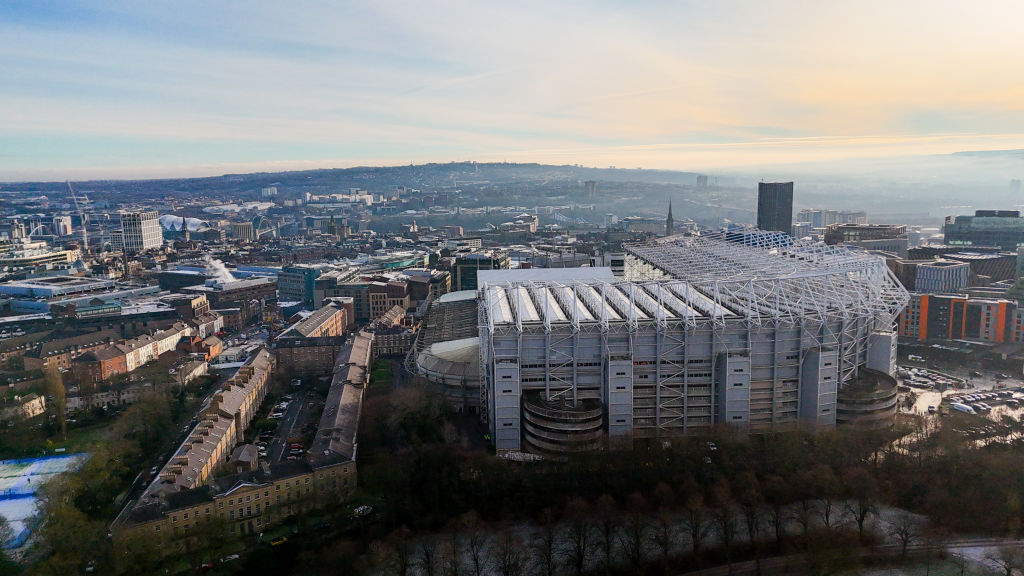 NEWCASTLE UPON TYNE, ENGLAND - JANUARY 12: A general aerial view of St James Park ahead of the Emirates FA Cup Third Round match between Newcastle United and Bromley at St James&amp;amp;apos; Park on January 12, 2025 in Newcastle upon Tyne, England. (Photo by Robbie Jay Barratt - AMA/Getty Images)