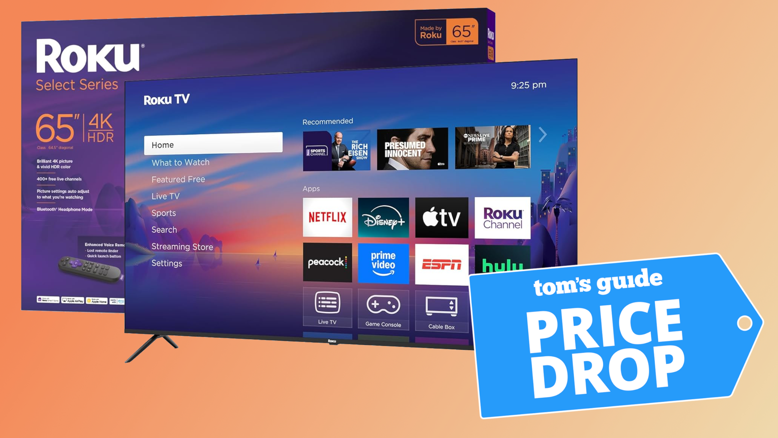 The 65-inch Roku Select Series TV displaying the Roku OS home screen. The TV is next to its own box, which is labeled with information.