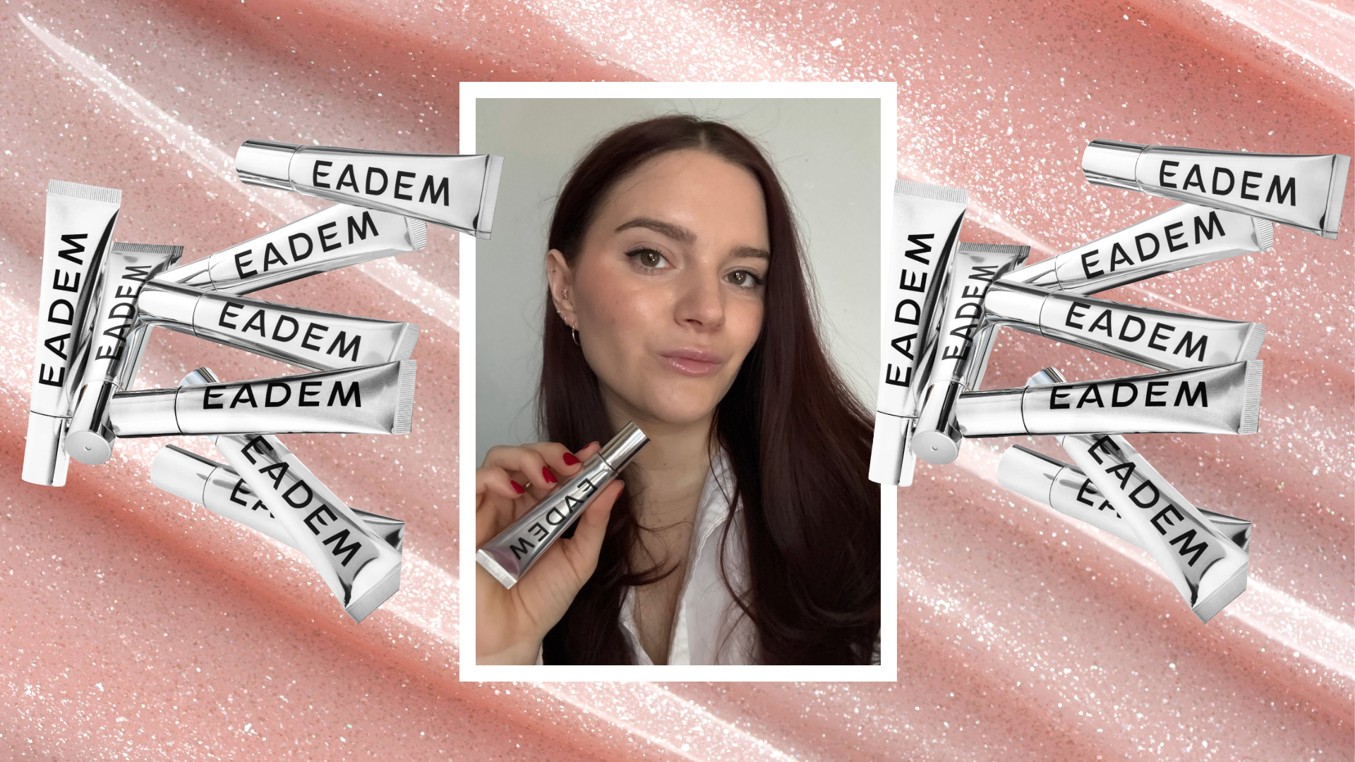 brooke knappenberger holding up eadem lip balm tube with white border overlaid glitter lip gloss swatch background