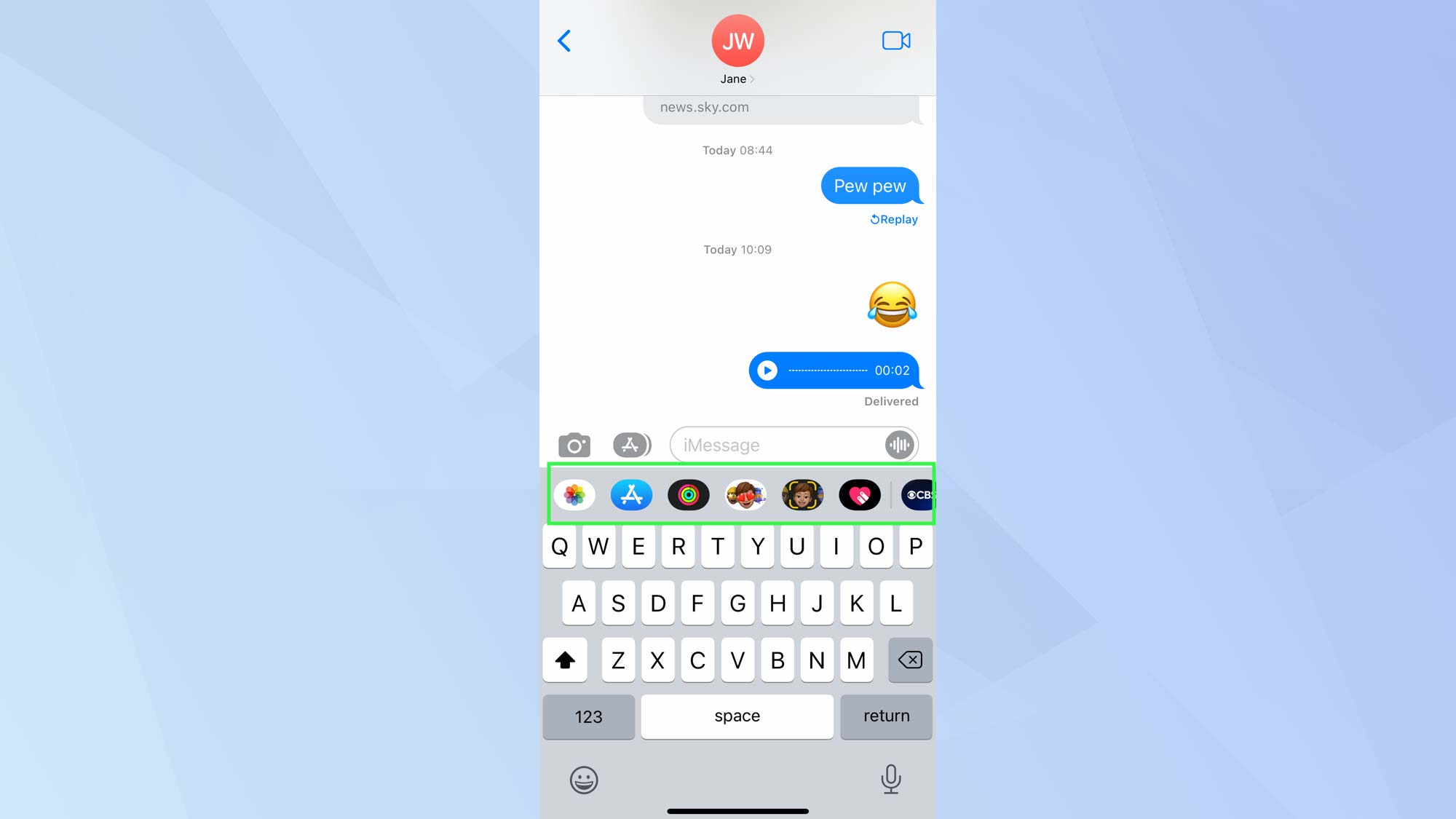 Screenshot on iOS Messages app showing iMessage app toggles