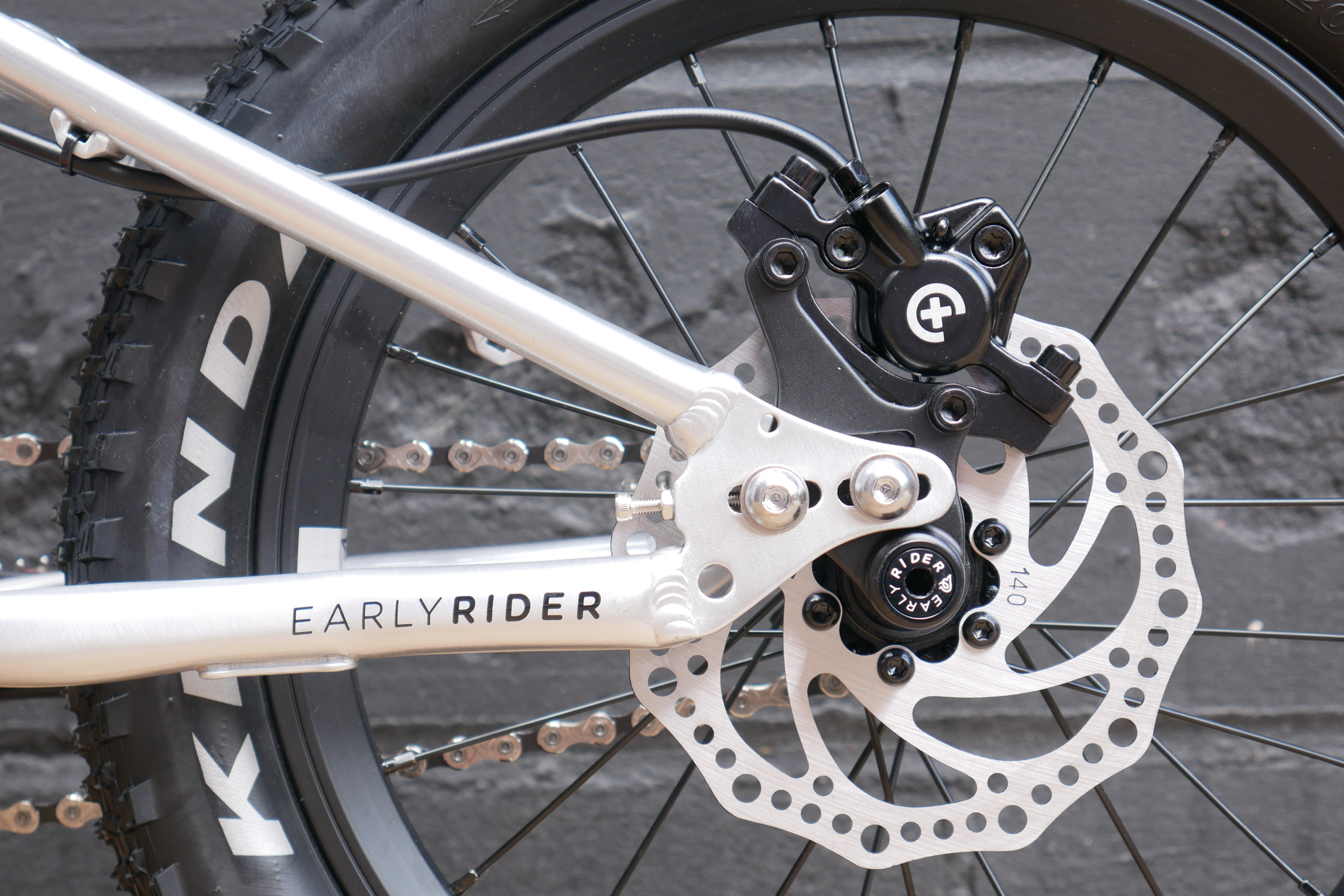 Another view of the Early Rider Seeker 16 rear dropout, this time square on from the disc brake size. Showing the small 140mm rotors, and the thru axle.