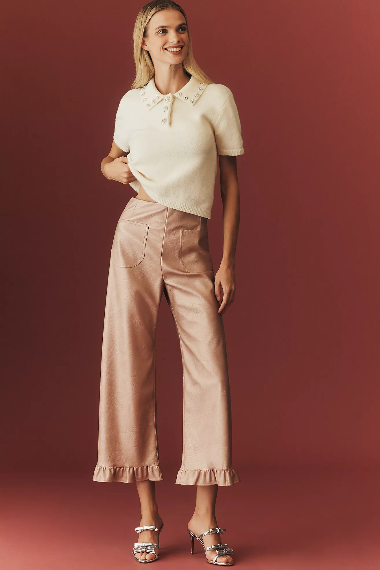 The Colette Crop Metallic Faux-Leather Ruffle-Hem Trousers by Maeve