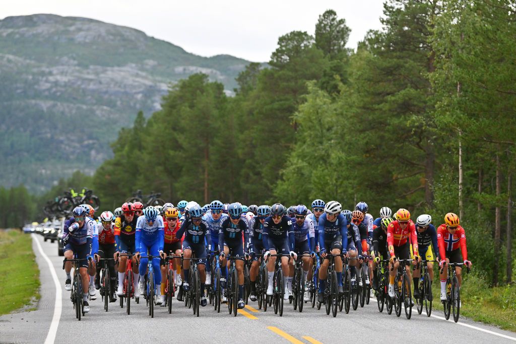 HAMMERFEST NORWAY AUGUST 18 LR Daryl Impey of South Africa and IsraelPremier Tech Marc Brustenga of Spain and Team LidlTrek Kevin Colleoni of Italy and Team JaycoAlula Romain Combaud of France Jonas Iversby Hvideberg of Norway and Team DSMFirmenich Trym Brennster of Norway and Team GroupamaFDJ Continental and Jonas Gregaard of Denmark and UnoX Pro Cycling Team compete during the 10th Arctic Race of Norway Stage 2 a 1534km stage from Alta to Hammerfest on August 18 2023 in Hammerfest Norway Photo by Luc ClaessenGetty Images