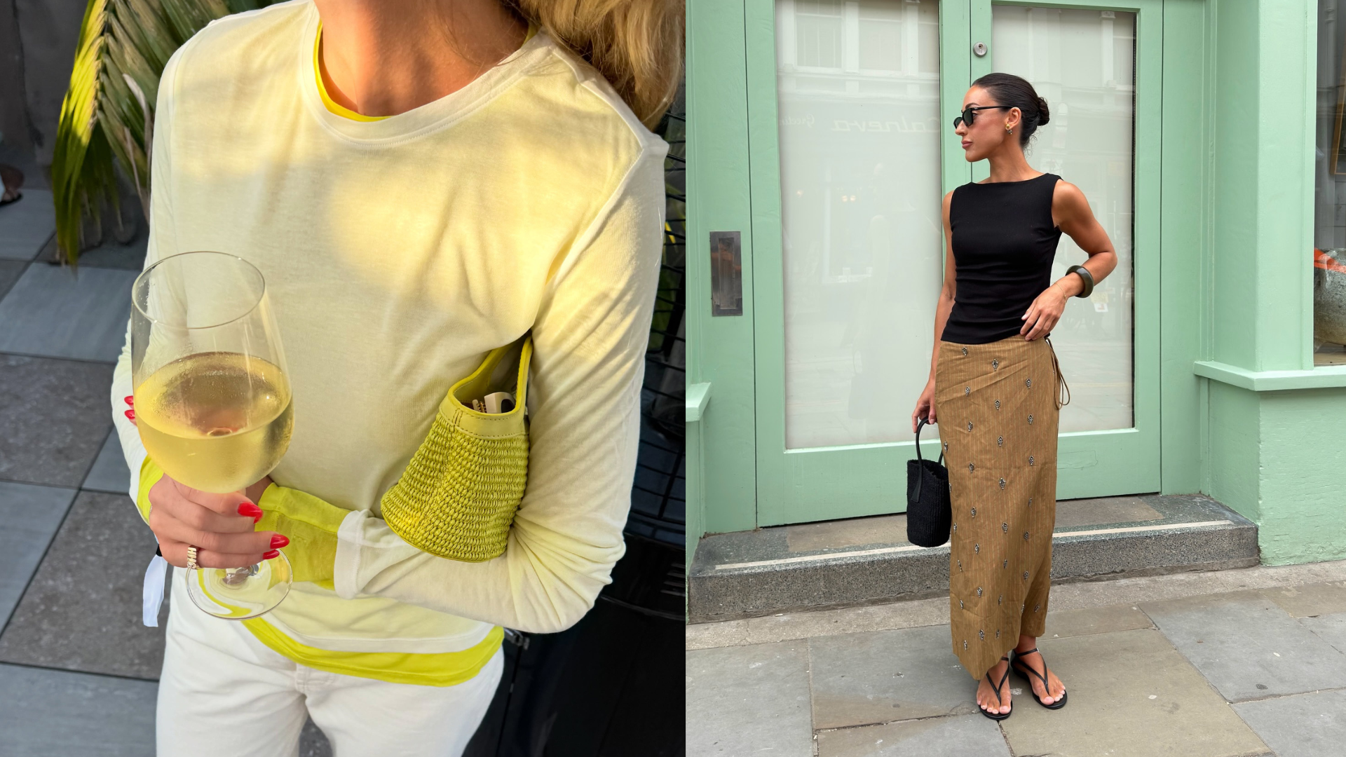 An image of a woman wearing yellow knit sweater and white pants and black top and wrap skirt summer 2026