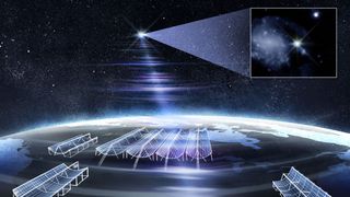 An illustration of the ultrabright "‘RBFLOAT"' radio burst flaring over Canada's CHIME radio telescope.