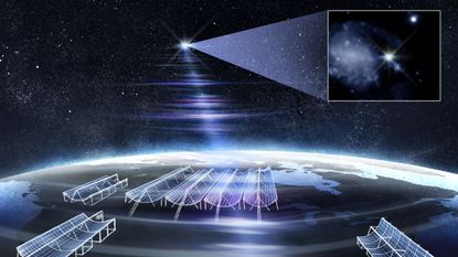 An illustration of the ultrabright "‘RBFLOAT"' radio burst flaring over Canada's CHIME radio telescope.