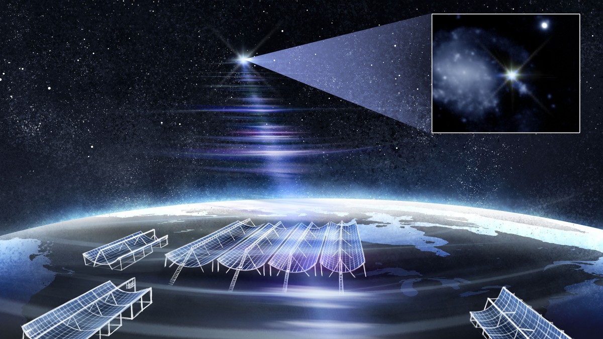 An illustration of the ultrabright &quot;‘RBFLOAT&quot;&#039; radio burst flaring over Canada&#039;s CHIME radio telescope.