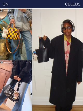 Photo of actress Ayo Edebri wearing black bucket bag and plushie bag charm, photos of Lisa wearing Khaite Elena Bag and Louis Vuitton speedy with Labubu bag charm.