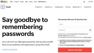 Captura de tela do site Zoho Vault