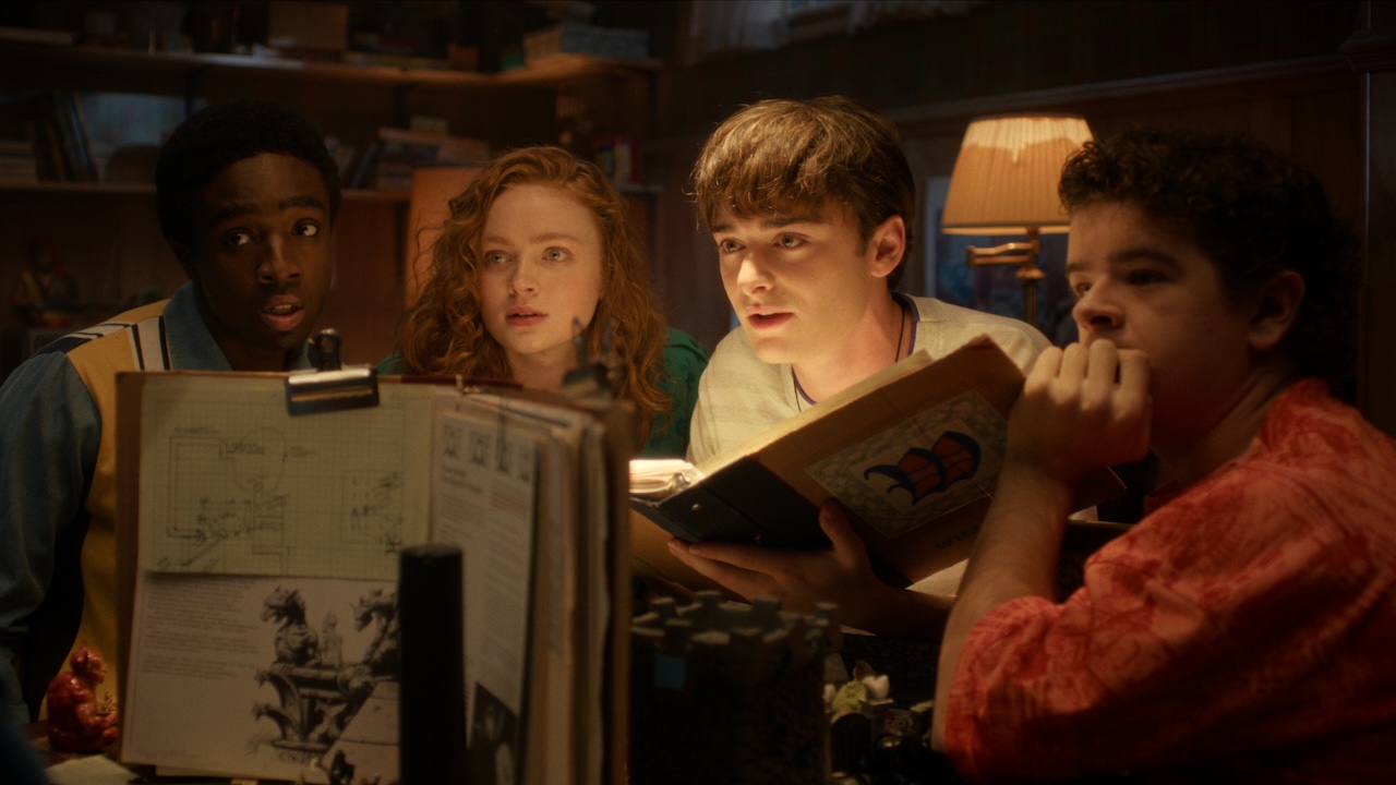 The party playing D&amp;D in Mike's basement on last time in Stranger Things Season 5x08