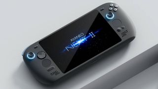 Ayaneo Next 2 handheld on grey block platform with logo on screen.