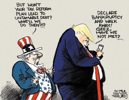 Political cartoon U.S. Trump tax reform deficit