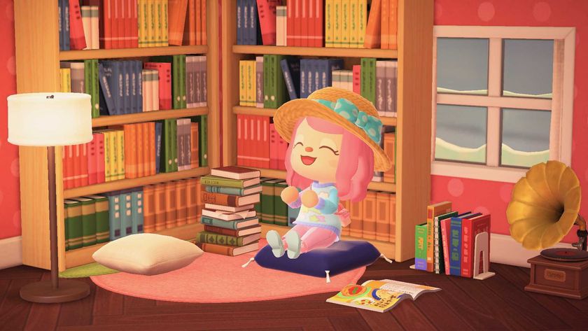 A player character sat surrounded by books in a cozy room in Animal Crossing: New Horizons.