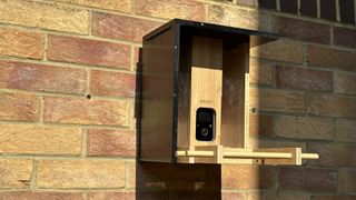 Netvue Birdfy Bamboo bird feeder camera mounted to a brick wall