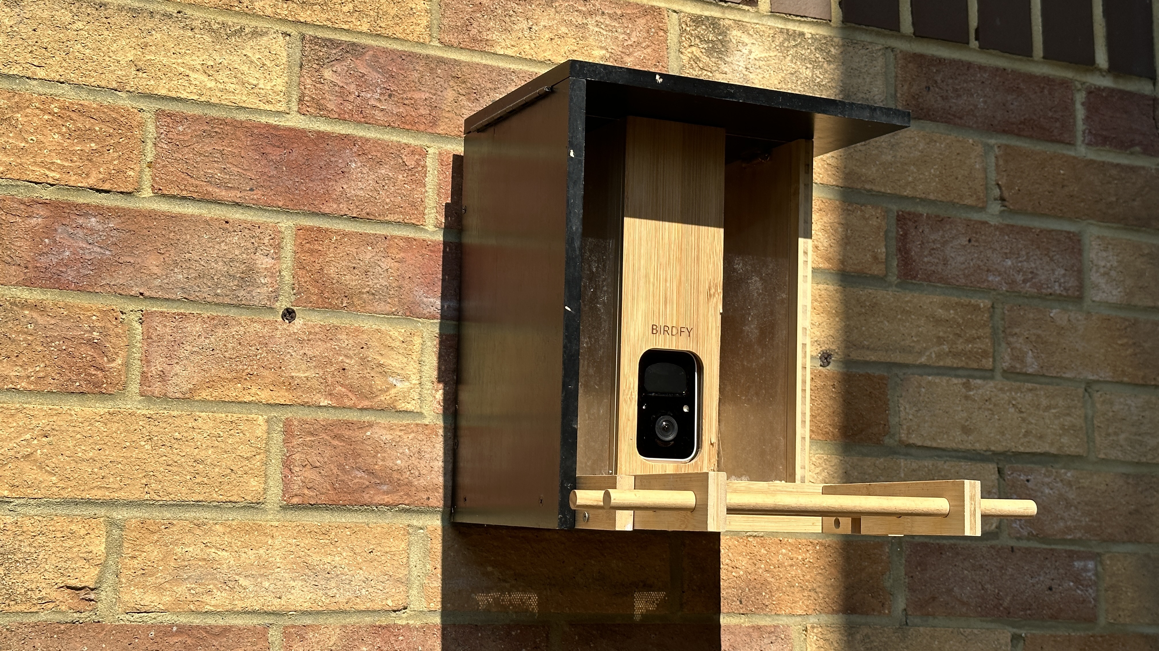 Netvue Birdfy Bamboo bird feeder camera mounted to a brick wall