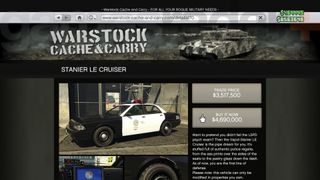 The GTA Online Police Cruiser for sale via the Warstock Cache & Carry website