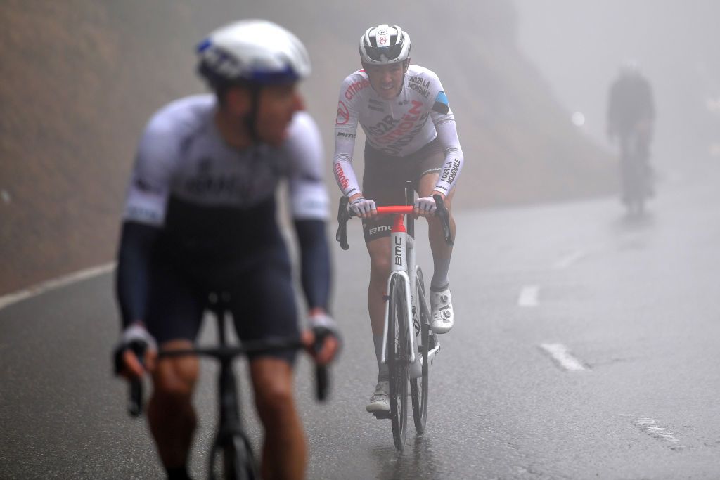 THYON 2000 LES COLLONS SWITZERLAND MAY 01 Michael Woods of Canada and Team Israel StartUp Nation Ben Alexander Oconnor of Australia and AG2R Citren Team during the 74th Tour De Romandie 2021 Stage 4 a 1613km stage from Sion to Thyon 2000 Les Collons 2076m TDR2021 TDRnonstop UCIworldtour on May 01 2021 in Thyon 2000 Les Collons Switzerland Photo by Luc ClaessenGetty Images