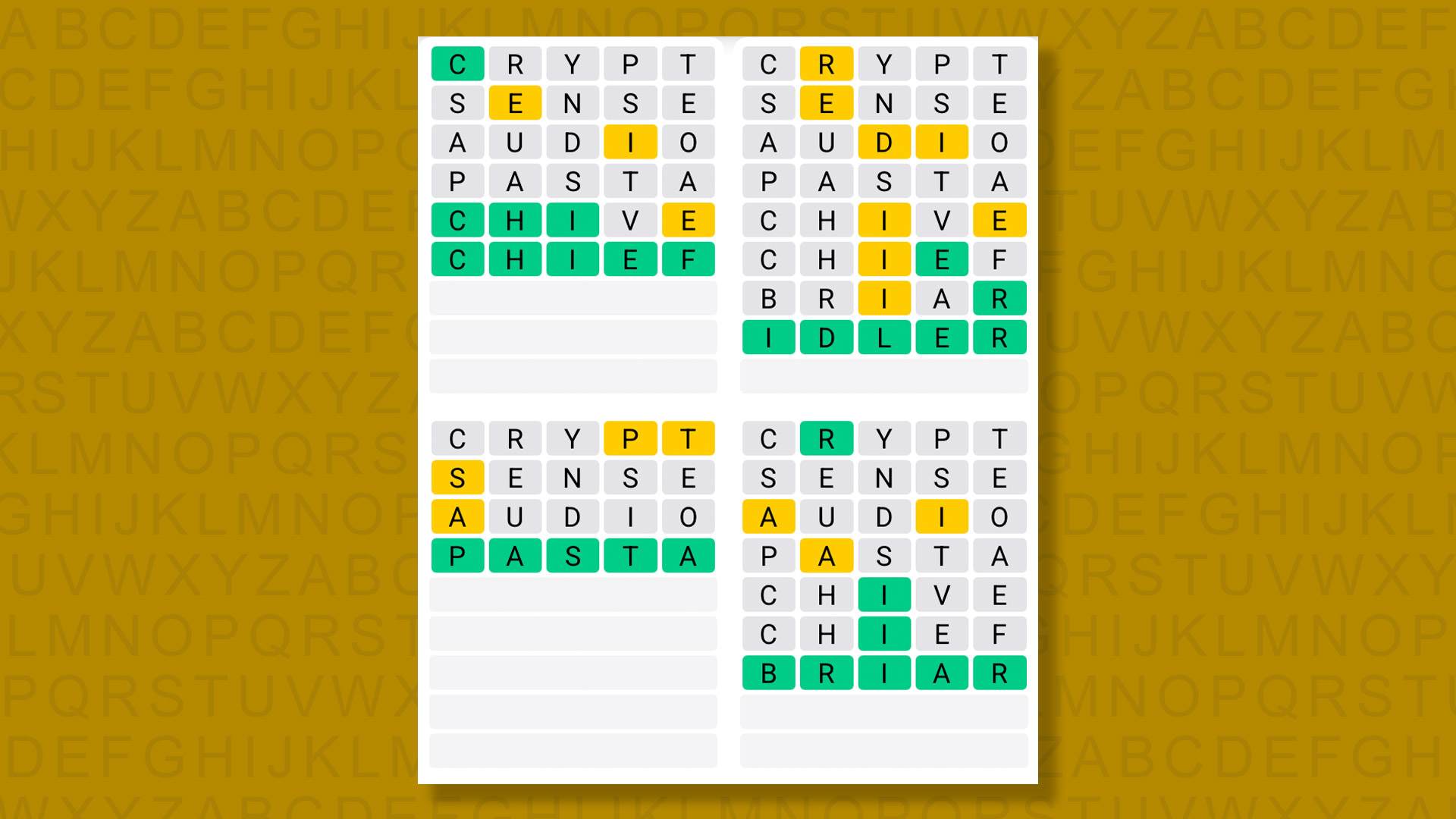 Quordle answers for game 1533 on a yellow background