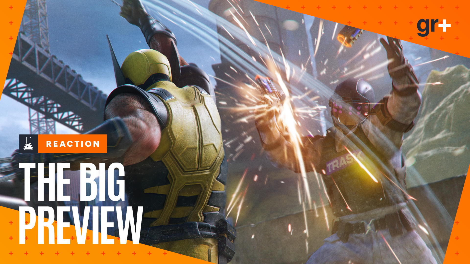 Logan uses his claws to disarm an enemy as Jean Grey fights another in the background Marvel's Wolverine, with the orange GamesRadar Big Preview frame