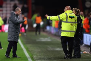 Ange Postecoglou the manager of Tottenham Hotspur engages with their supporters after the Premier League match between AFC Bournemouth and Tottenham Hotspur FC at Vitality Stadium on December 05, 2024 in Bournemouth, England.