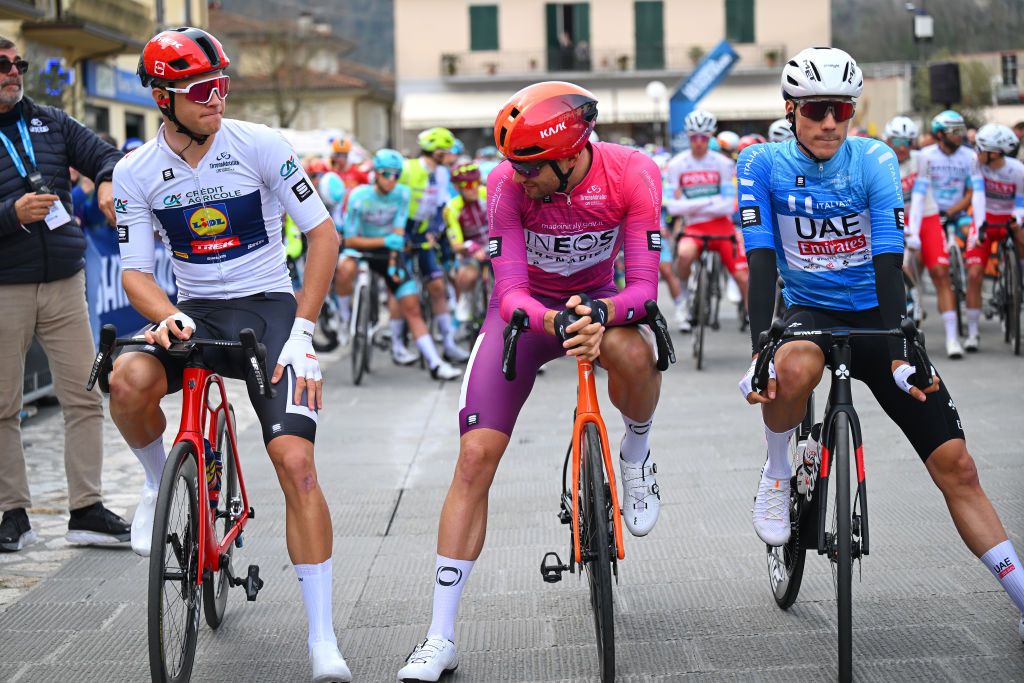 CAMAIORE ITALY MARCH 05 LR Jonathan Milan of Italy and Team LidlTrek White best young jersey Filippo Gana of Italy and Team INEOS Grenadiers Purple Sprint Jersey and Juan Ayuso of Spain and UAE Emirates Team Blue Leader Jersey prior to the 59th TirrenoAdriatico 2024 Stage 2 a 198km stage from Camaiore to Follonica UCIWT on March 05 2024 in Follonica Italy Photo by Tim de WaeleGetty Images