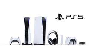 PS5 vs PS4 Pro: PS5 med alle tilhørende enheter og tilbehør.