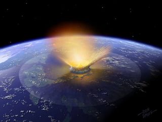 A NASA illustration shows an asteroid striking a planet.