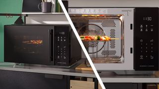 Split image of IKEA Gatebo microwave on kitchen counter, and close-up of vegetables cooking inside microwave