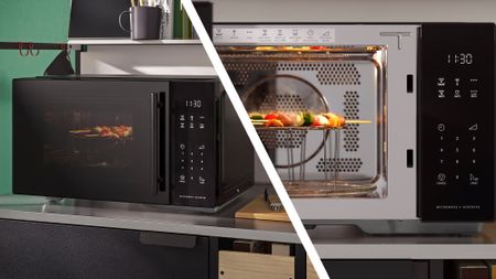 Split image of IKEA Gatebo microwave on kitchen counter, and close-up of vegetables cooking inside microwave