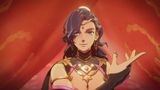 Leda, dressed as a dancer, moves her hand in front of her in Fire Emblem: Fortune's Weave in front of red fabric