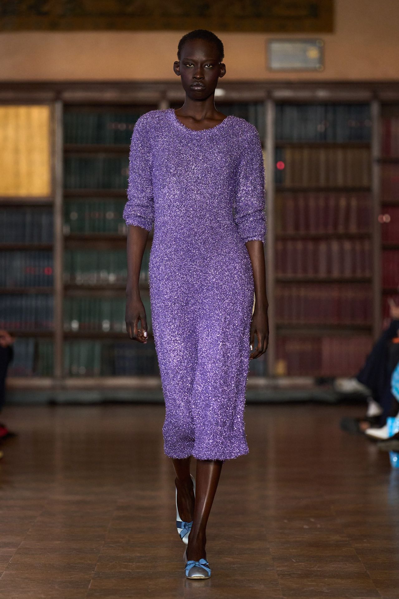models walk the Sandy Liang Fall 2026 fashion show runway wearing slipper shoes