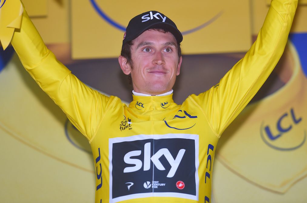 Geraint Thomas in yellow after his Tour de France opening stage victory