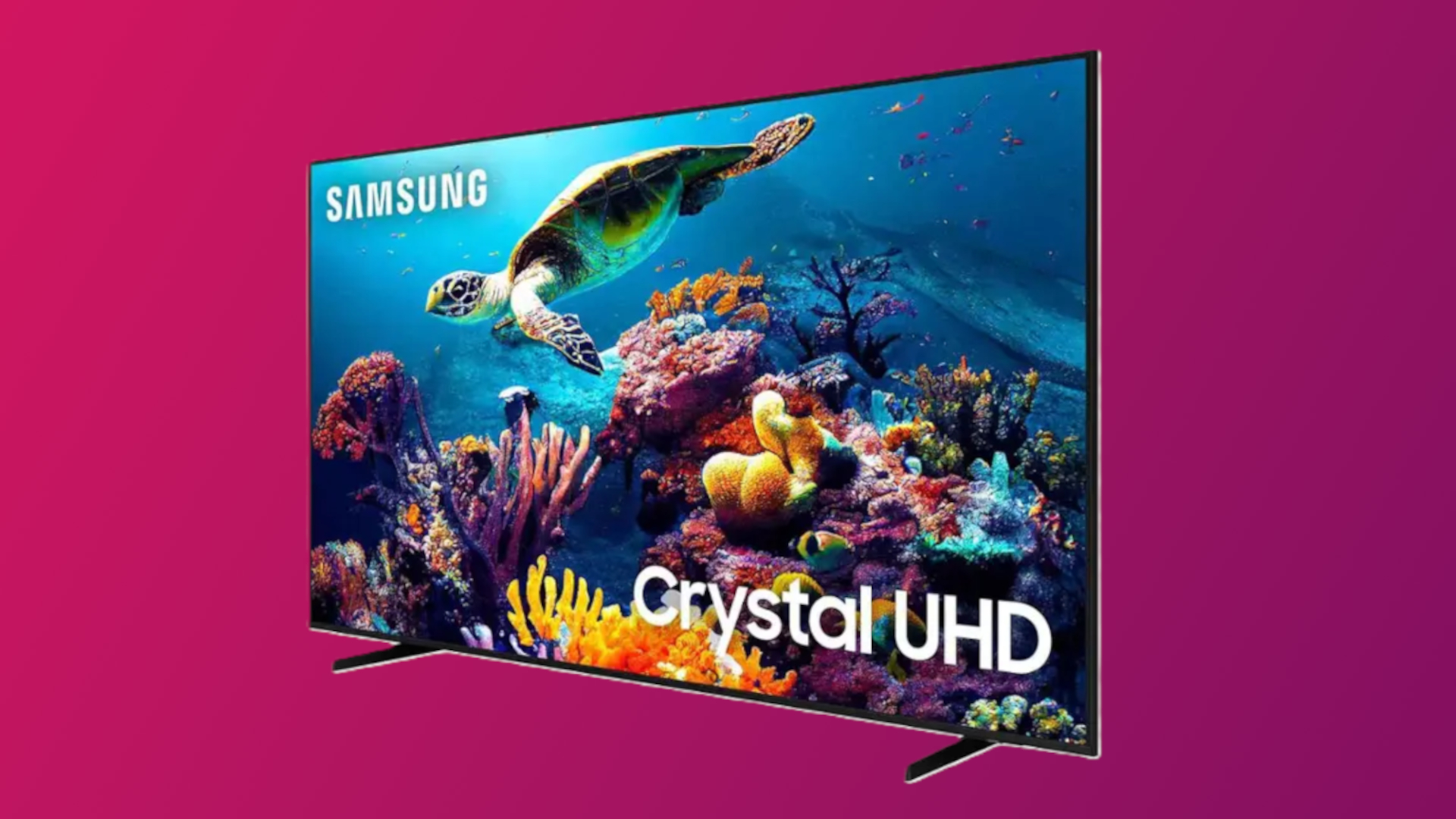 Samsung DU6900 4K TV on a gradient background. 